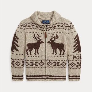 Polo Ralph Lauren Beige and Brown Sweater Reindeer Wool-Blend Full-Zip Jumper